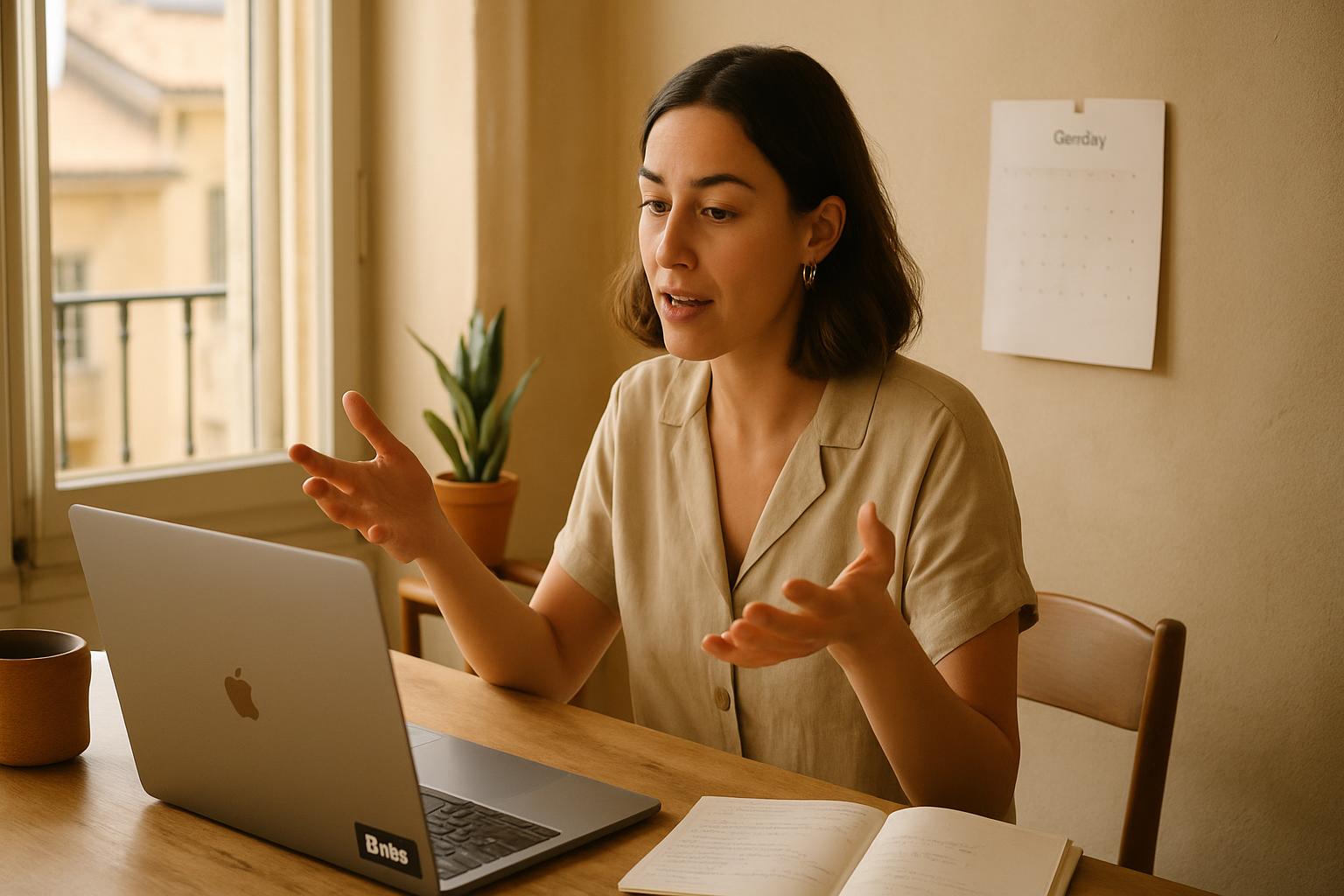 A solo founder at her desk in a Mediterranean apartment mid-conversation on a video call, with a Stripe sticker on the laptop and a Calendly printout pinned to the wall behind her