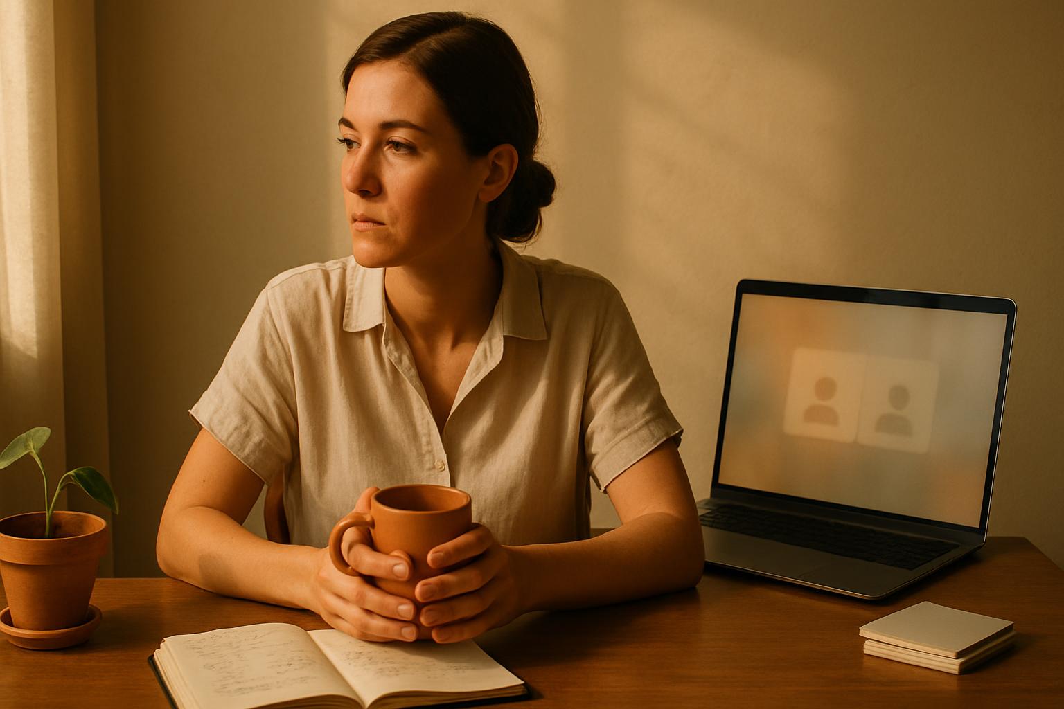 Editorial portrait of a composite SaaS founder in her Madrid home office in spring 2026, holding a coffee mug while looking pensively at a video-call interface on her laptop, with a Moleskine notebook of hand-written cost math open in the foreground