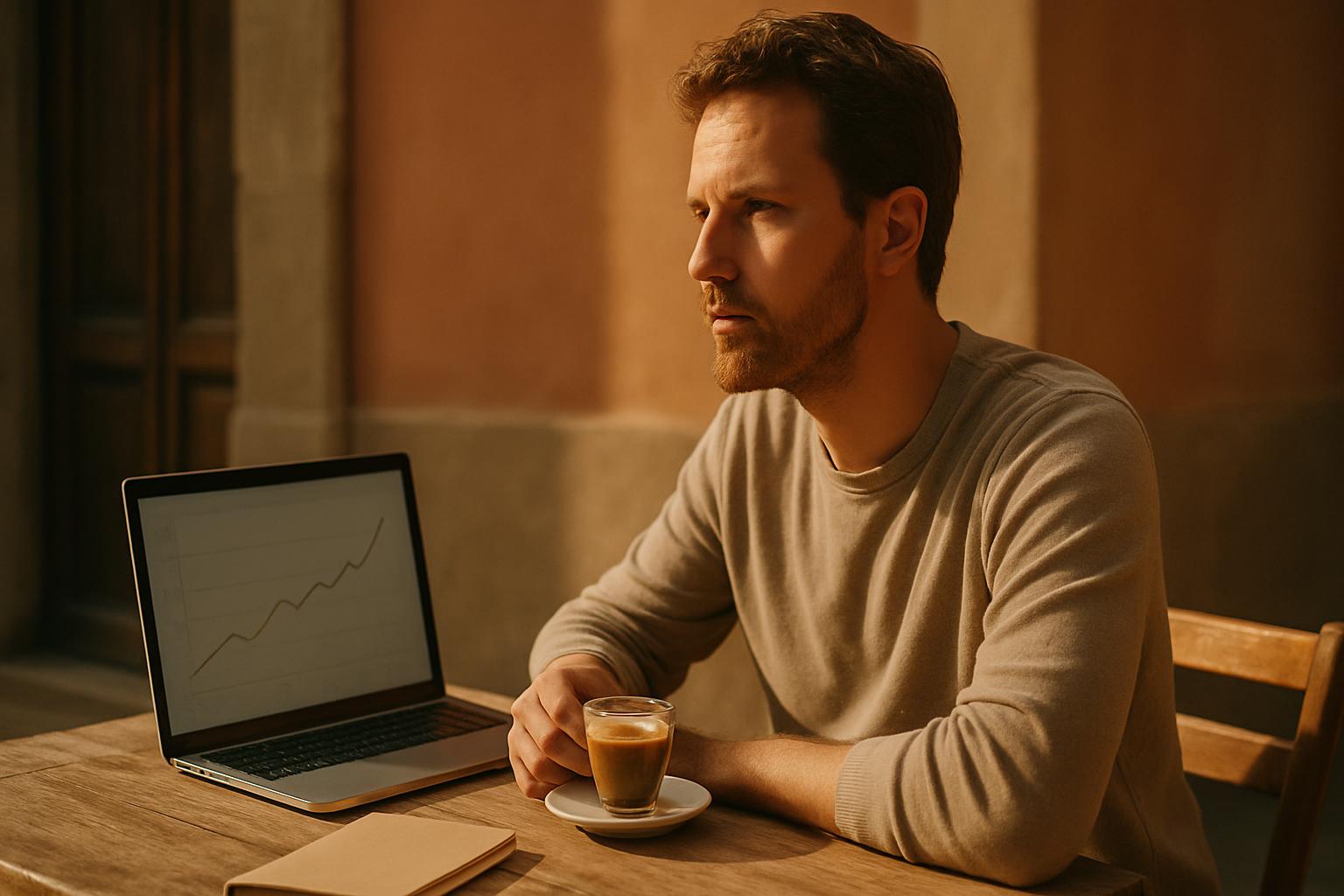 A founder seated at a sunlit Barcelona café table, holding a cortado coffee cup, looking at a laptop with a trending-up line chart. Warm Mediterranean light, sand and terracotta tones, editorial portrait photography style.