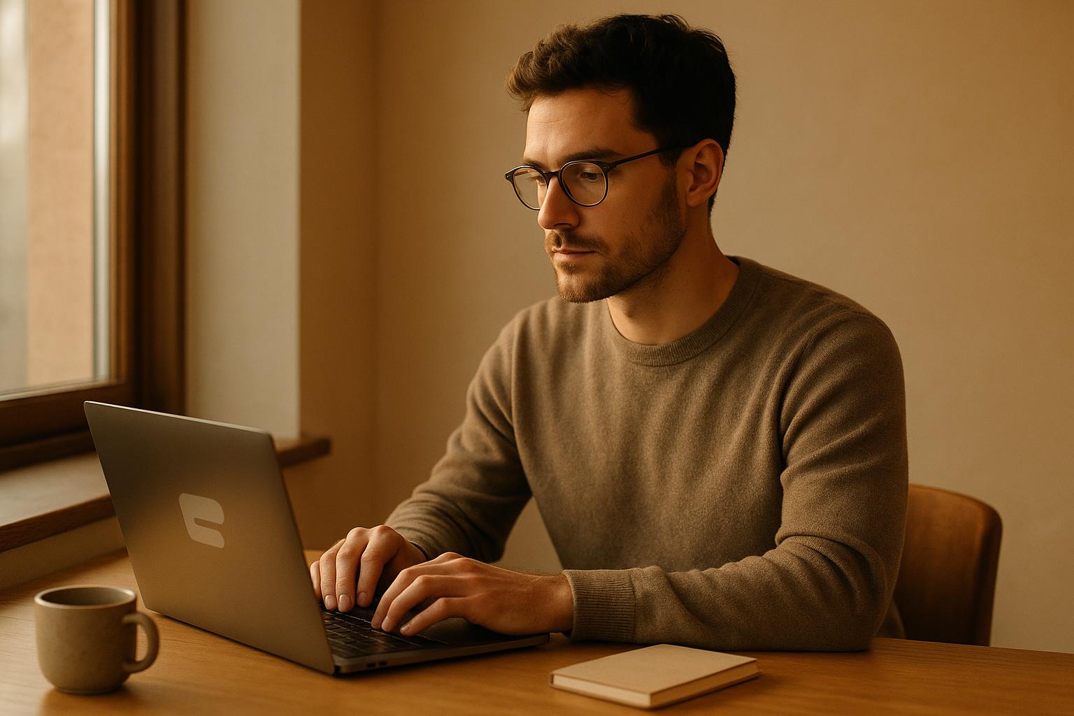 Editorial magazine portrait of a solo software founder at a minimalist desk in warm morning light, soft sand and terracotta tones.