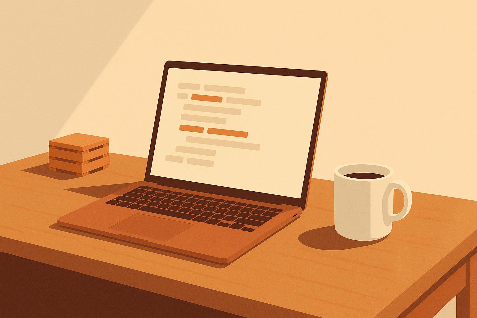 Editorial magazine illustration of a solo software founder's tidy wooden desk in warm morning light, laptop with abstract code and a small shipping crate, soft sand and terracotta tones.