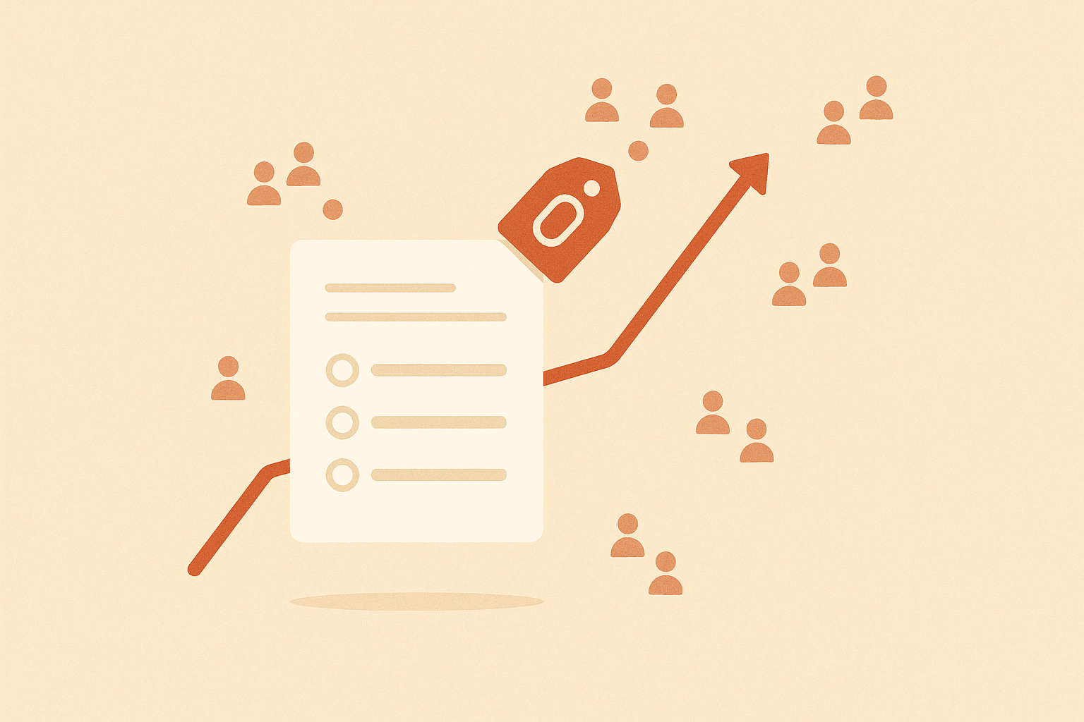 Editorial illustration in warm sand and terracotta of a free-tagged online form spreading to clusters of users along a rising growth line.