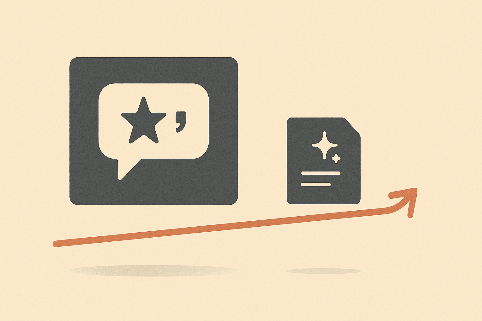 Editorial illustration in warm sand and terracotta of a large sturdy testimonial widget card beside a smaller AI document card on a rising growth line.