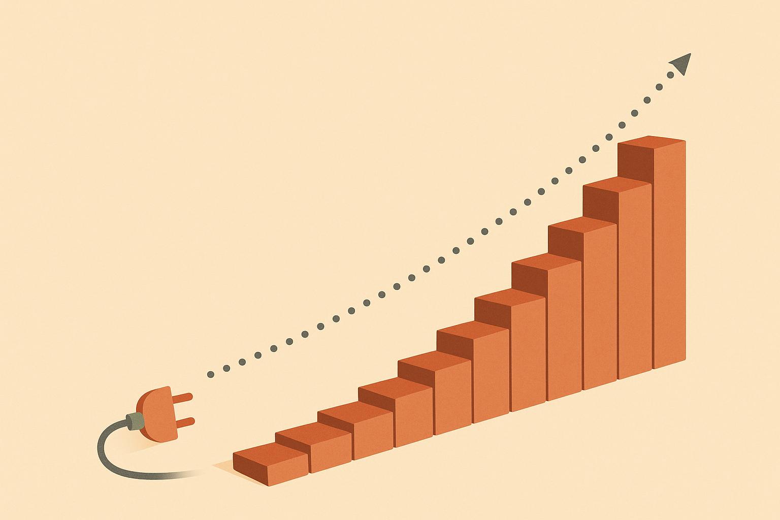 Flat editorial illustration of a small API plug growing into a long, steadily rising staircase of terracotta blocks on a sand background, showing patient compounding.