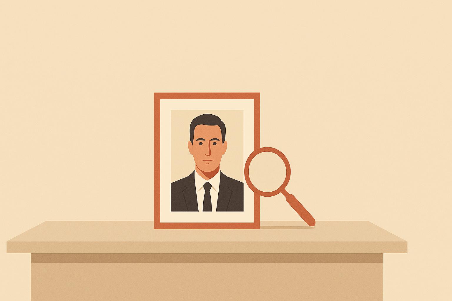 Editorial illustration of a single AI-generated professional headshot on a desk beside a magnifying glass, warm sand background with a terracotta accent.