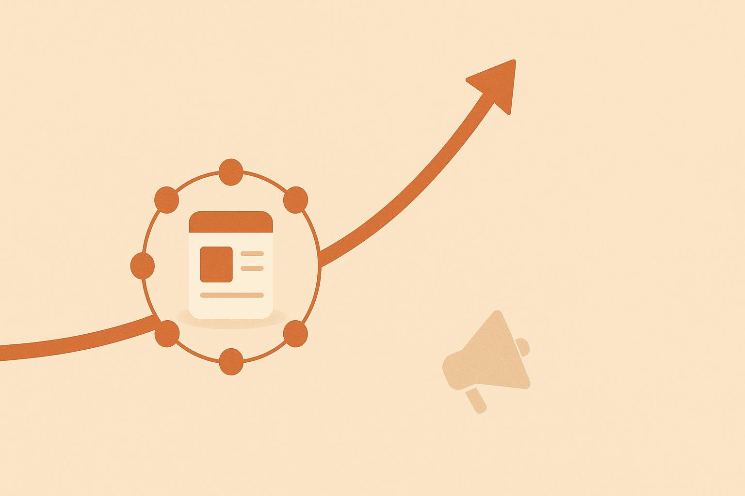 Flat editorial illustration of a product card nestled inside a ring of connected community dots with a rising terracotta growth arrow, and a dim faded megaphone set apart, on a sand background.