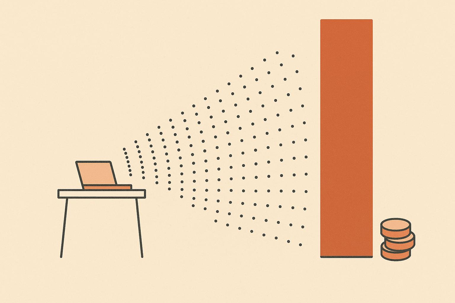 Flat editorial illustration: a single desk emitting a wide fan of audience dots beside a tall near-solid bar representing a very high profit margin.