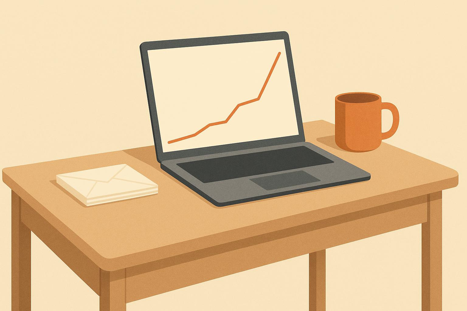 Flat editorial illustration of a desk with a laptop showing a monthly recurring revenue line climbing steeply from a low point, a stack of envelopes, and a terracotta mug.