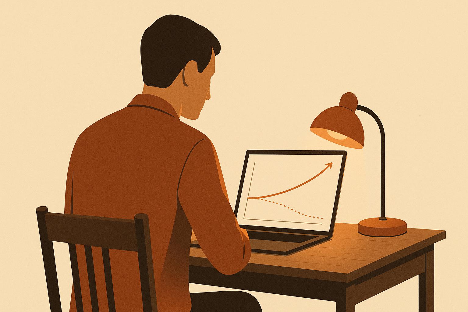 A founder at a desk in warm evening light looking at a chart where an upward revenue line hides a downward retention line