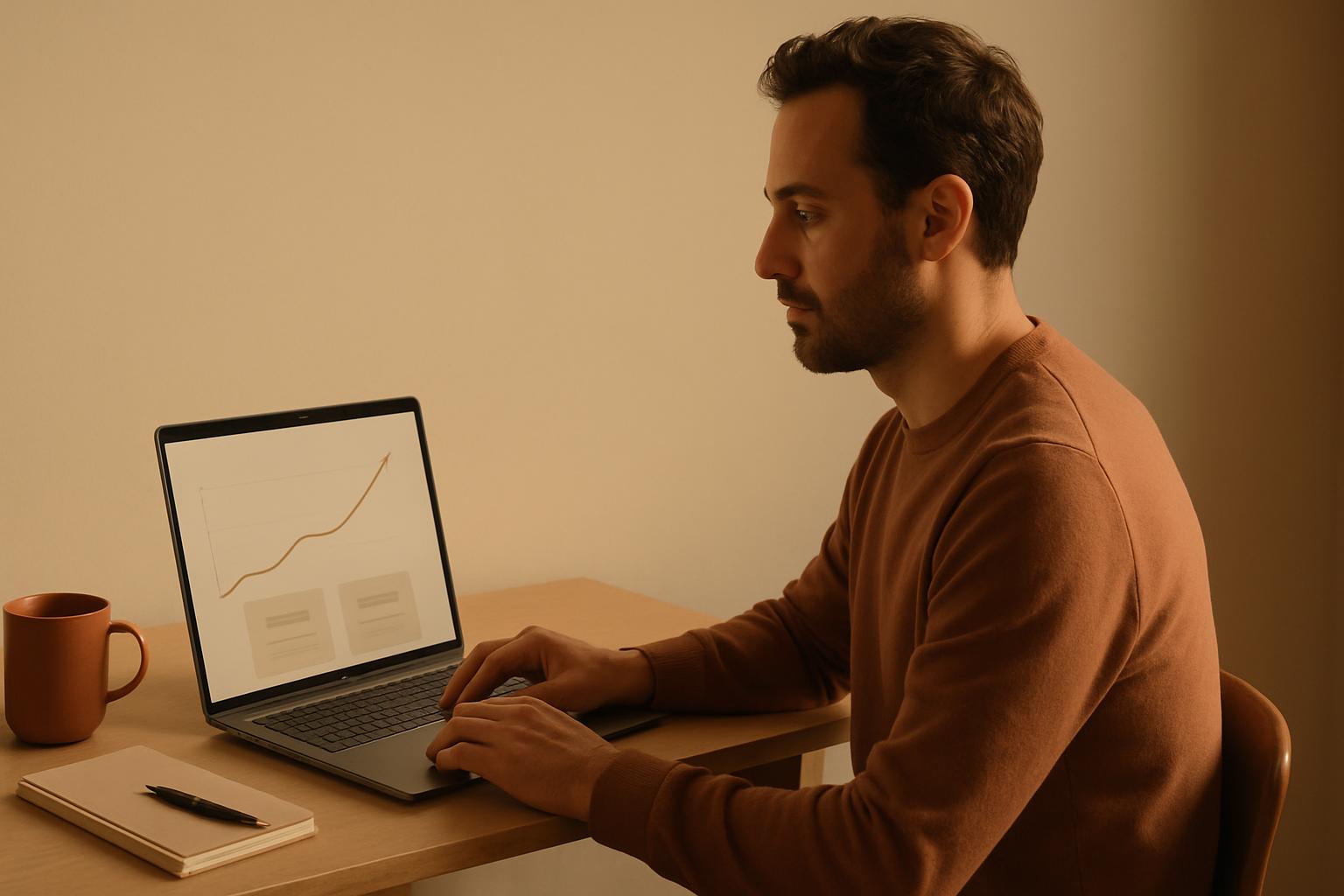 A founder at a desk reviewing a rising revenue chart and two subscription pricing tiers on a laptop