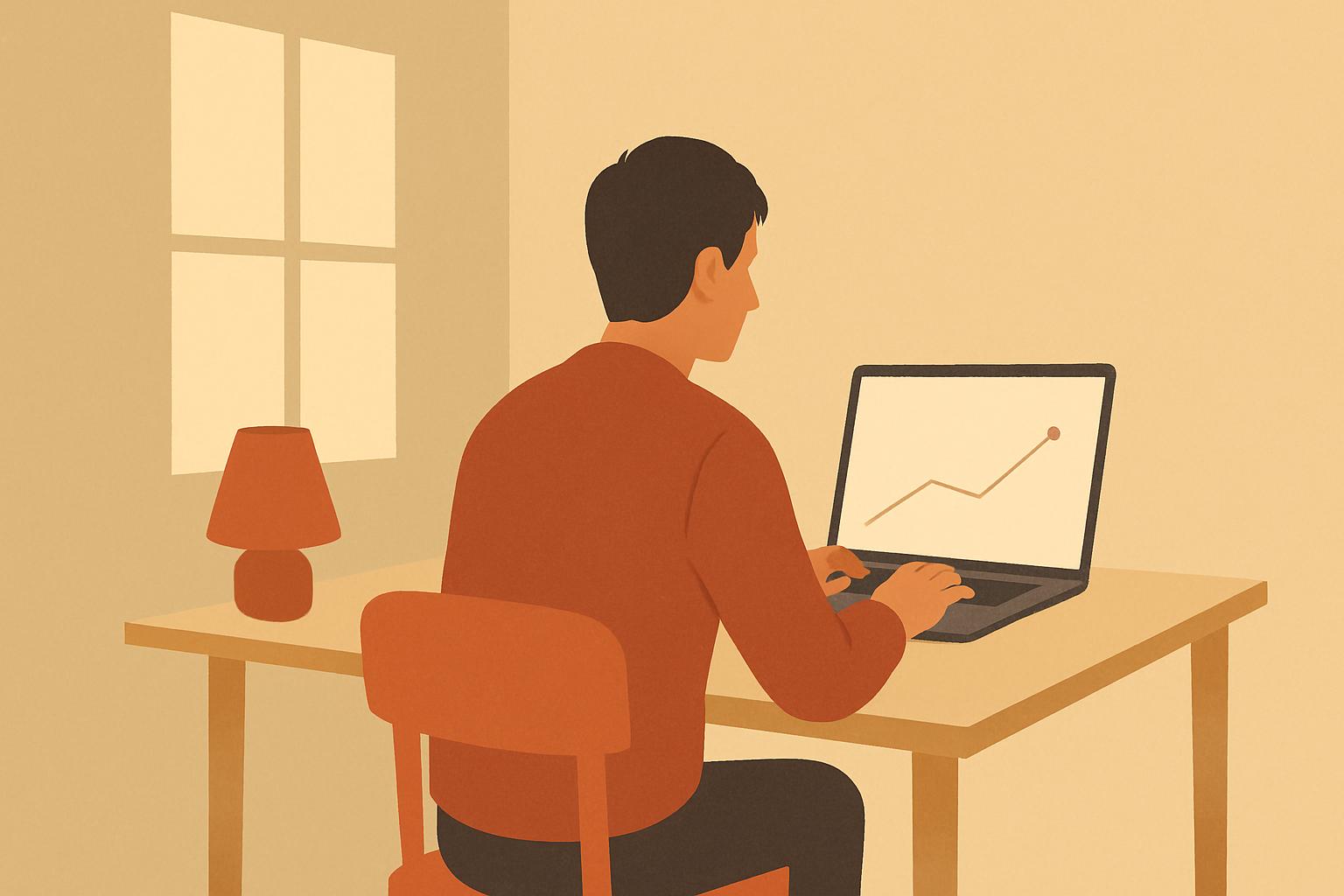 A founder at a desk at night looking at a laptop showing a rising revenue line crossing its first small milestone