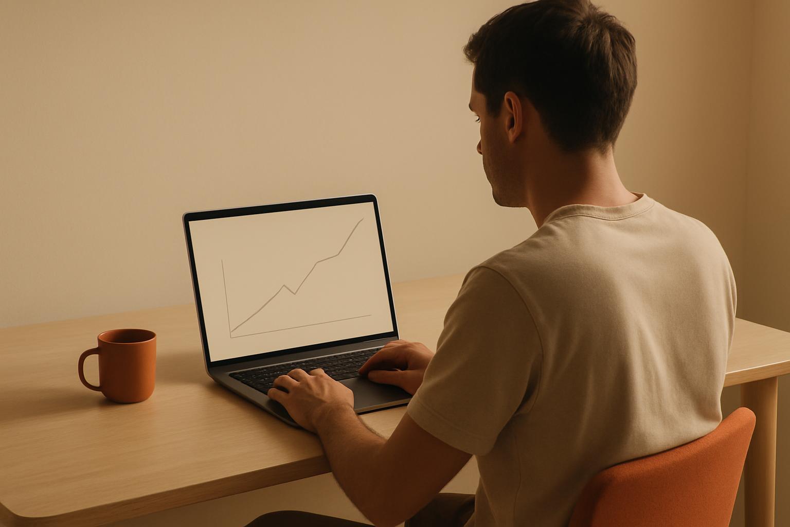A solo founder at a desk in early morning light looking at a laptop showing a revenue line with a small quiet gap, in muted sand and terracotta tones
