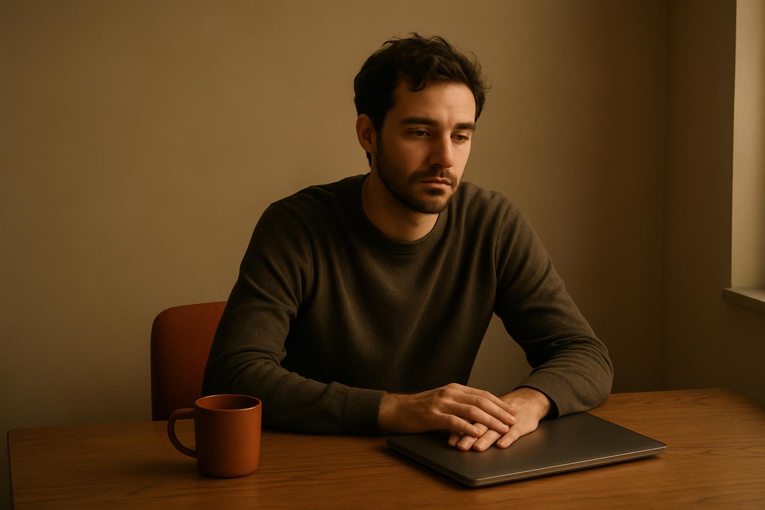A tired solo founder sitting alone at a desk in fading evening light, one hand on a closed dark laptop