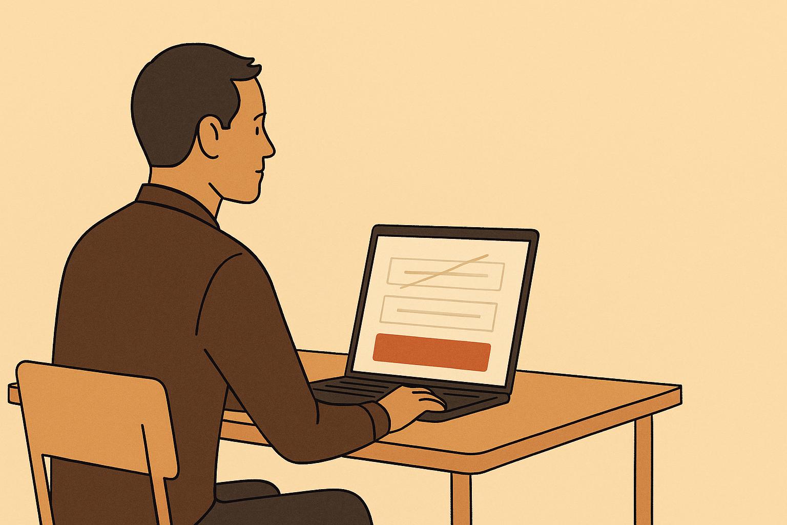Flat illustration of a founder at a desk looking at a laptop pricing page where the free tier row is struck through and a paid tier is highlighted