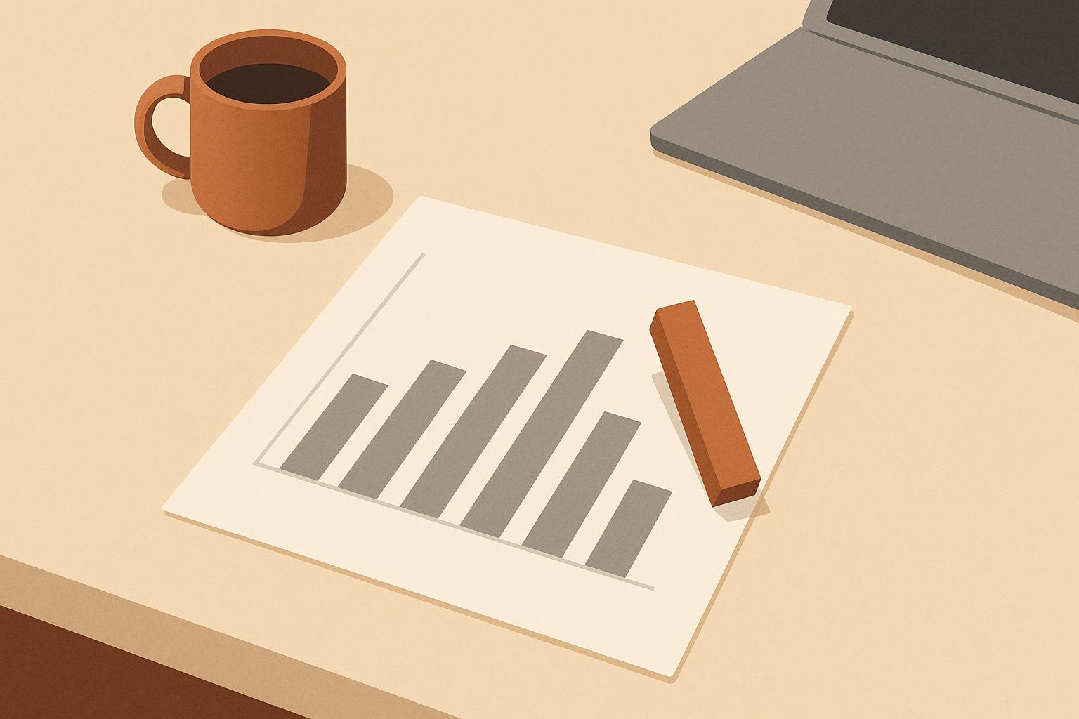 A minimalist desk with a printed revenue bar chart where the tallest bar has broken off and toppled out, leaving a gap