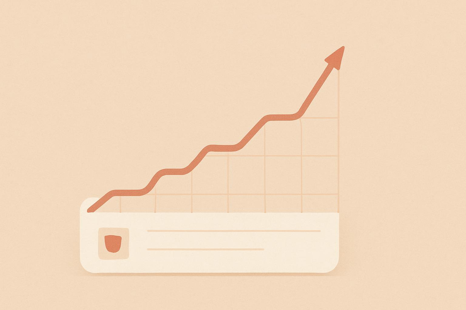 Minimalist illustration of a rising revenue growth line on a privacy analytics dashboard card, in sand and terracotta tones