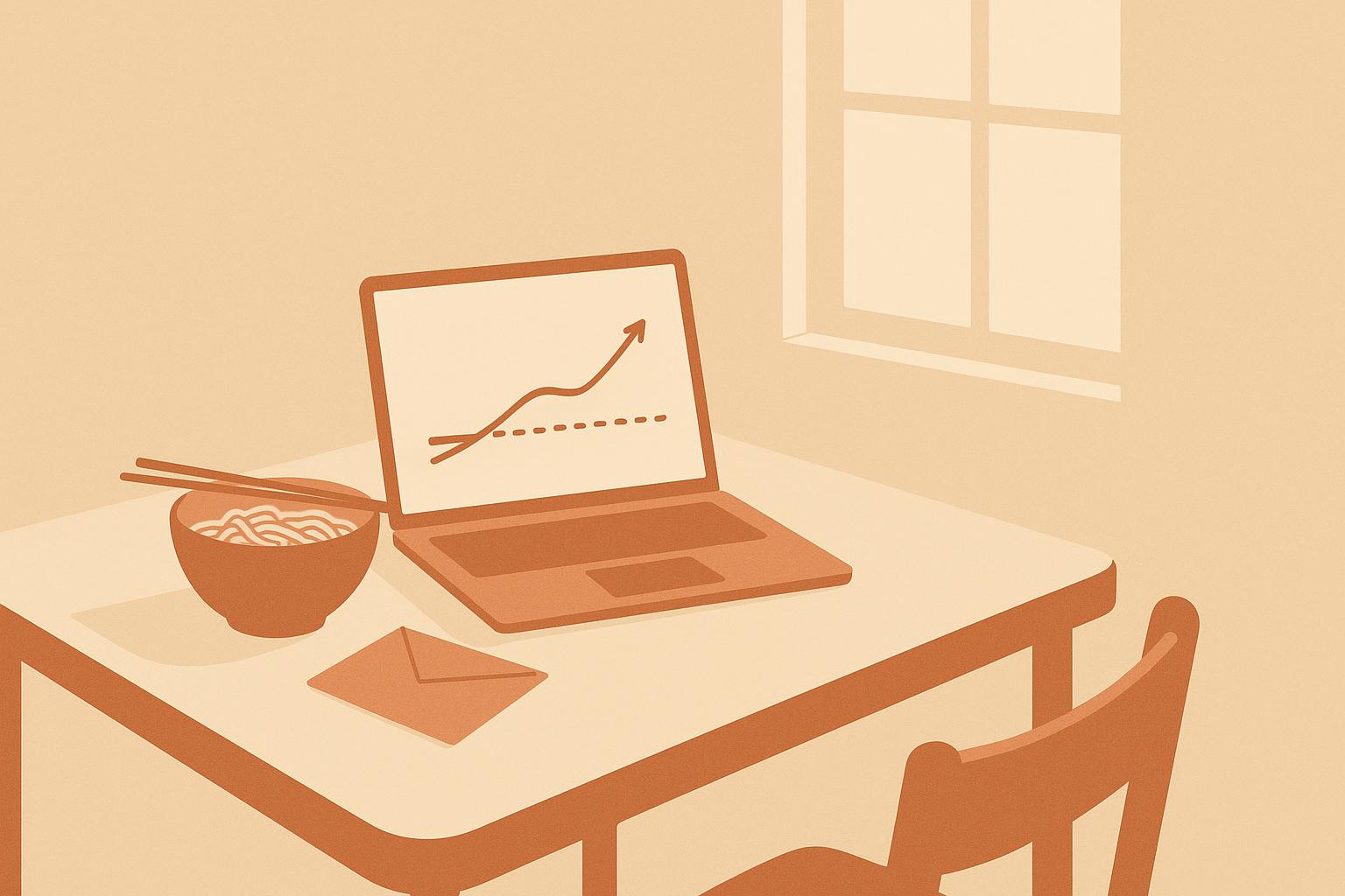 A minimalist sand-and-terracotta desk scene: a laptop showing a rising revenue line just crossing a dotted threshold, beside a bowl of ramen and a rent envelope