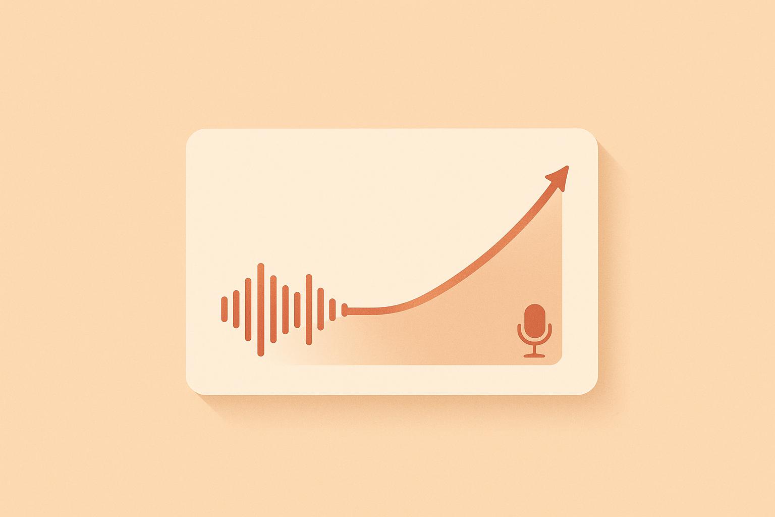 Minimalist illustration of a podcast audio waveform rising into a revenue growth line on a dashboard card, in sand and terracotta tones