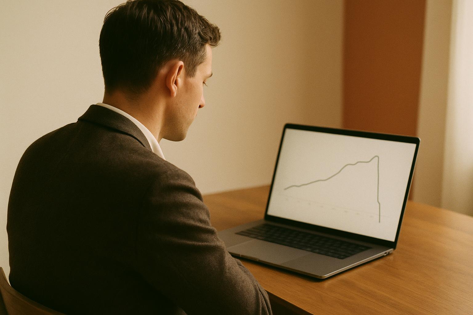 A founder at a wooden desk in warm morning light studying a laptop that shows a revenue line rising, flattening, then dropping into a small cliff, in muted sand and terracotta tones