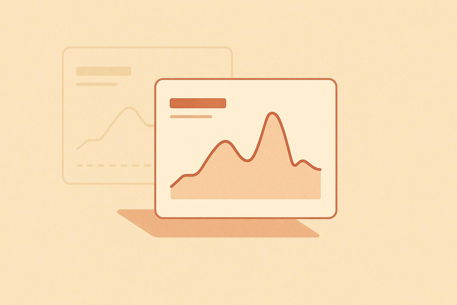 Minimalist illustration of a software revenue dashboard card showing a rise, peak and dip, with a faded ghost duplicate card behind it, in sand and terracotta tones