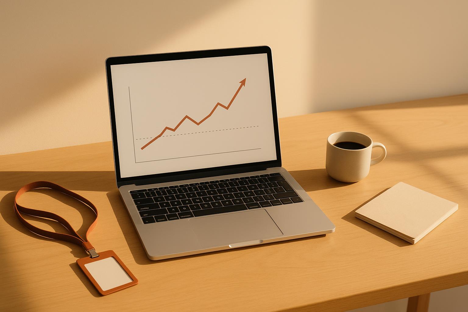 A minimalist sand-and-terracotta desk scene: a laptop showing a rising revenue line crossing a dotted threshold, beside a blank employee ID badge lying face-down, a coffee, and a notebook