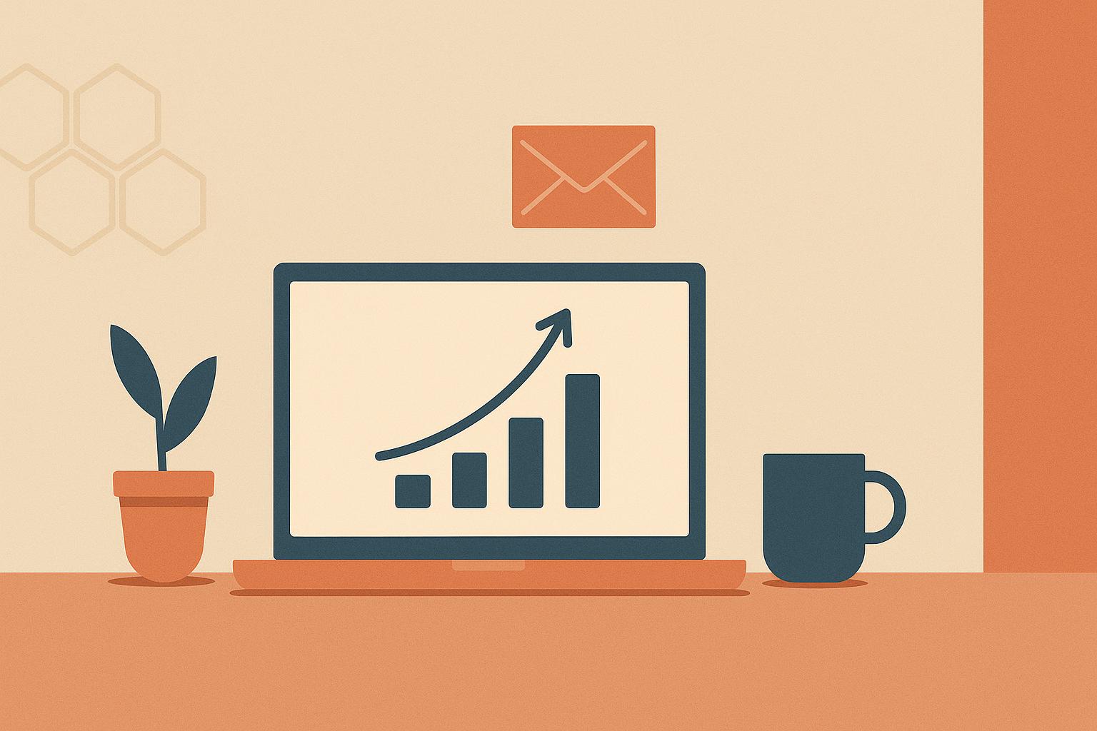 Flat editorial illustration of a laptop showing an upward revenue chart with an email envelope and a honeycomb motif, in sand and terracotta tones