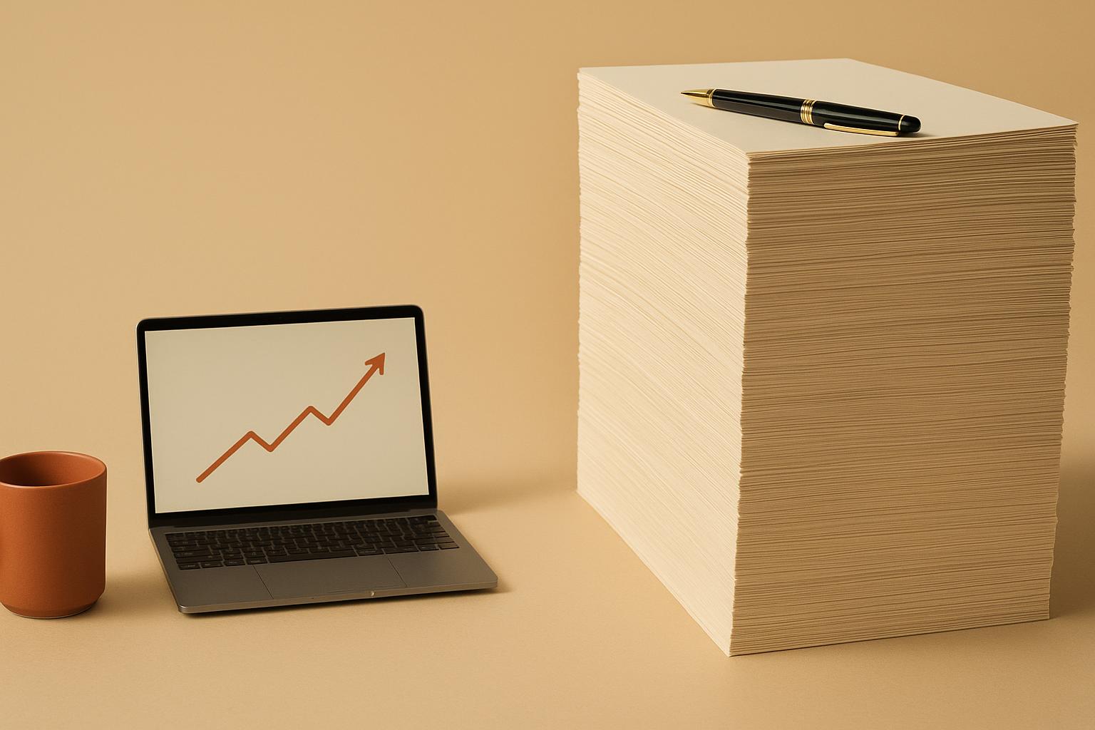 A minimalist sand-and-terracotta still life: a small laptop showing a modest rising revenue line beside a giant heavy stack of blank contract paper with a fountain pen on top