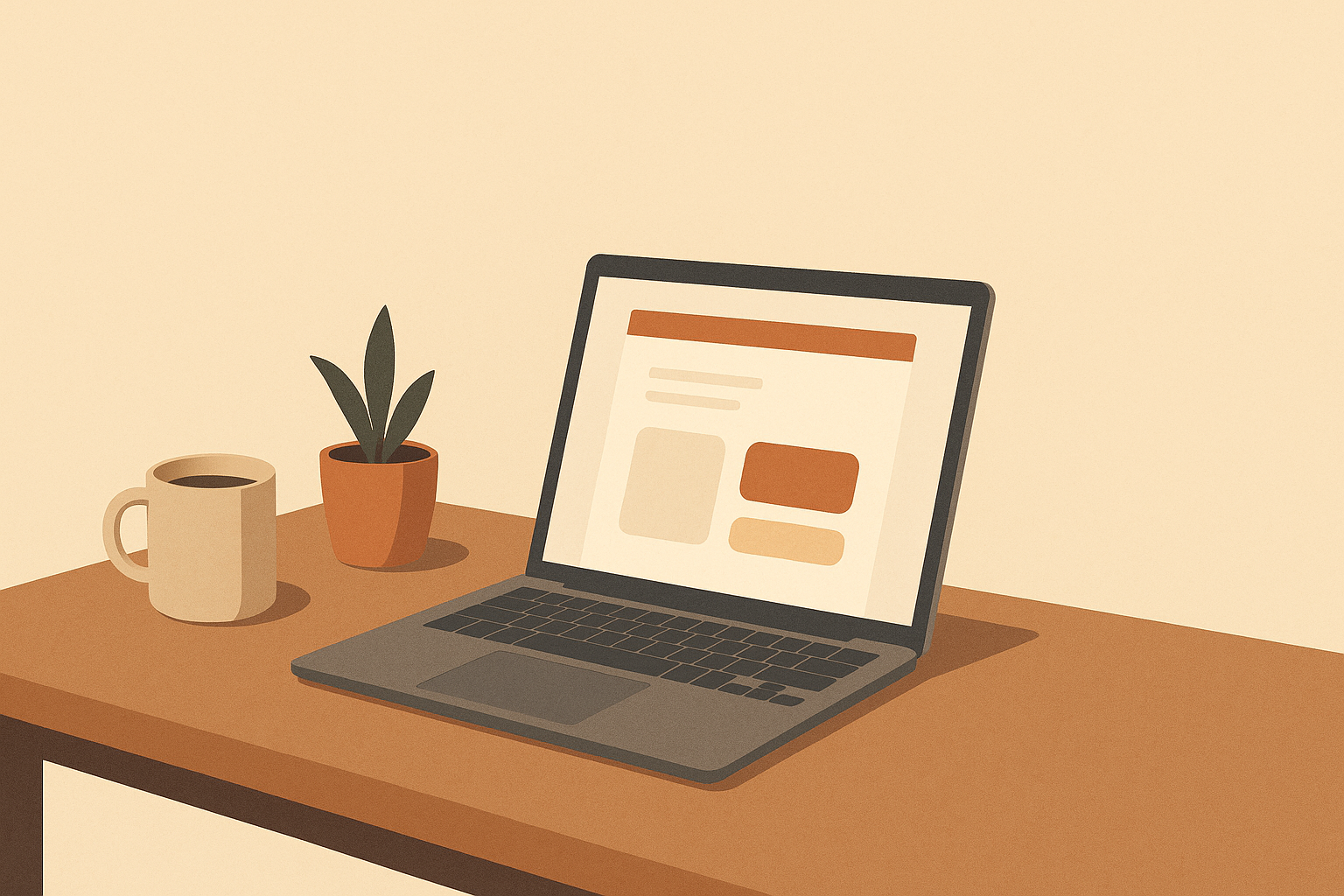 Editorial illustration of a solo founder workspace: a laptop showing a minimal one-page website, a mug, and a plant on a warm desk