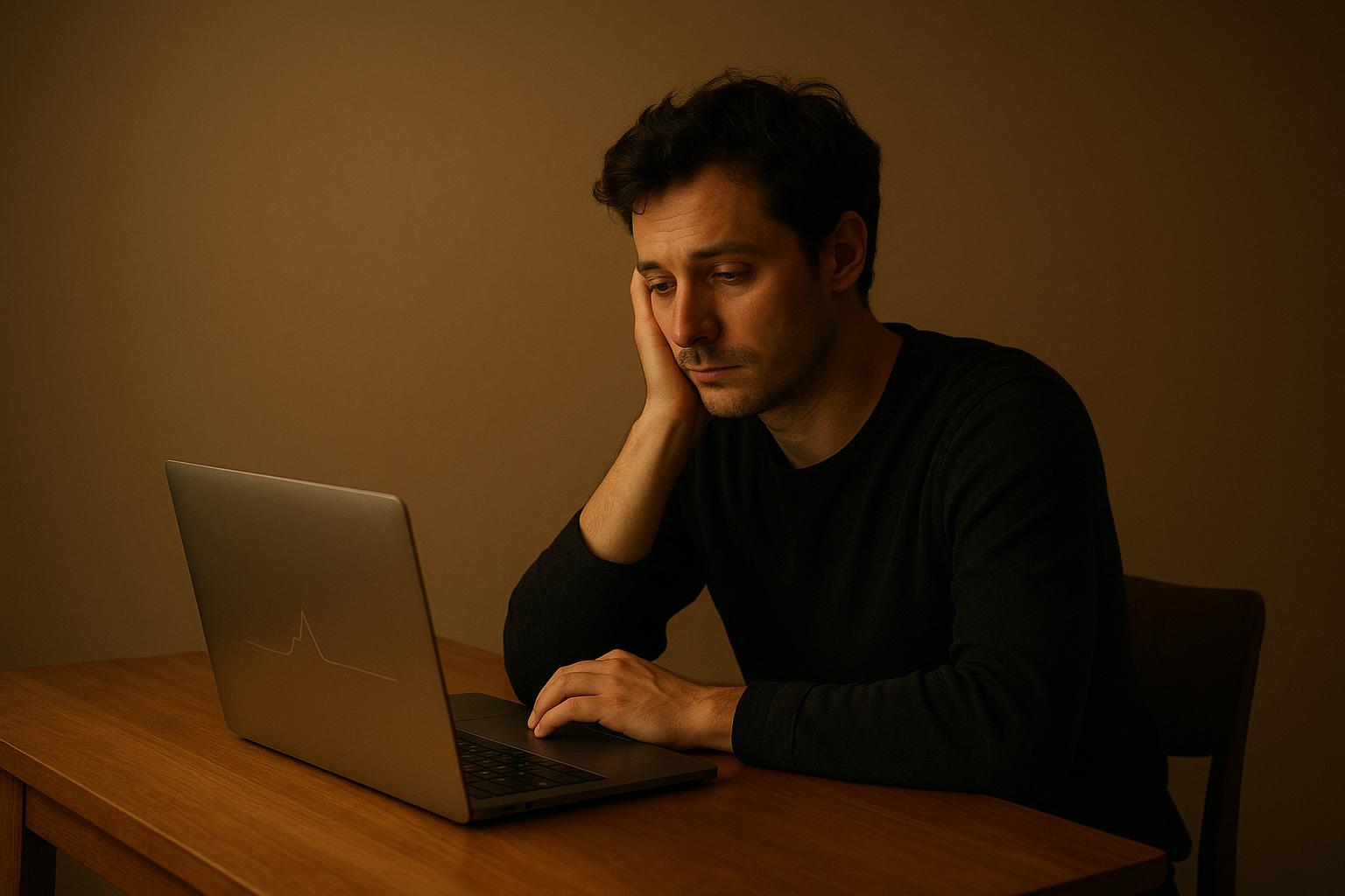 A tired solo founder sits at a wooden desk at night, hand on cheek, studying a laptop that shows a nearly flat launch-day graph, in muted sand and terracotta tones