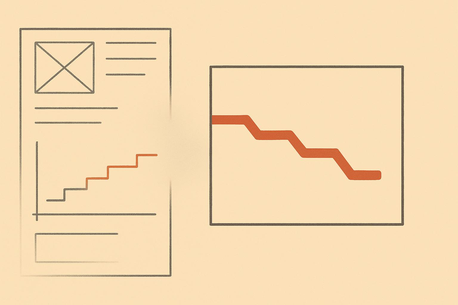 Editorial illustration of a low-fidelity wireframe sketch beside a bold terracotta revenue line stepping gently downward