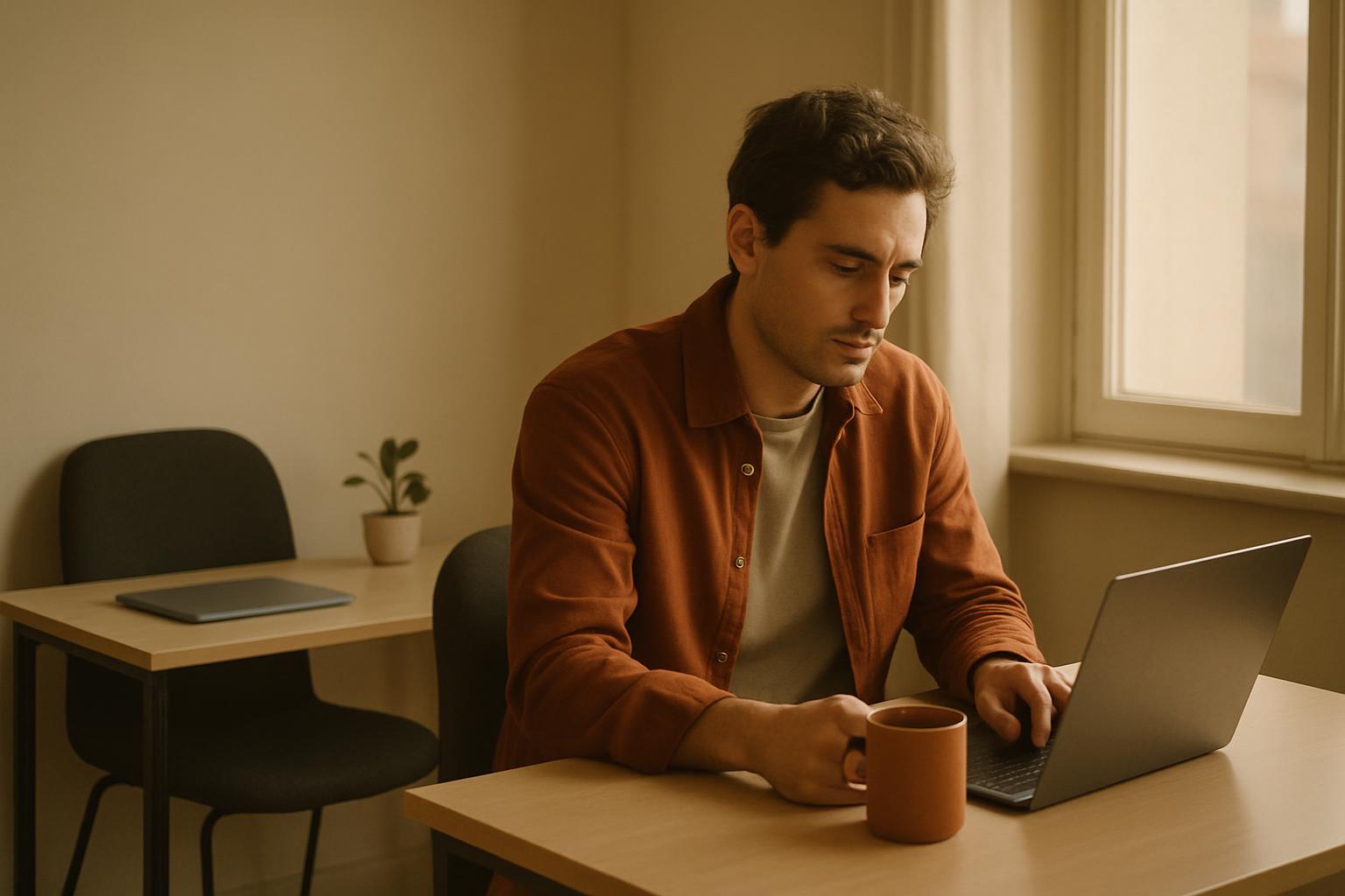 A founder sits alone at a startup desk in soft morning light beside an empty second chair and a cleared-off desk