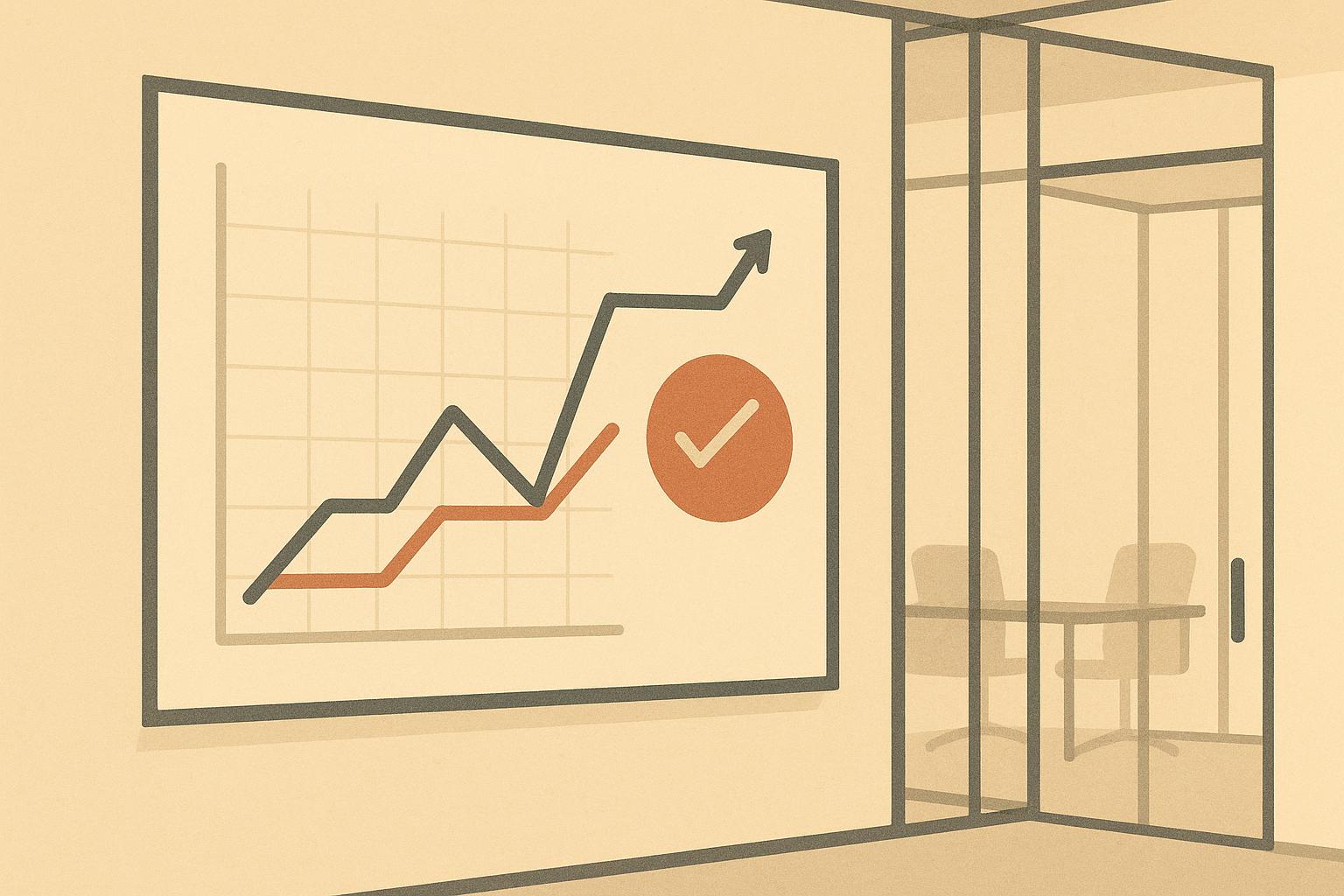 Editorial illustration of a public revenue chart on an office wall beside a terracotta seal marking a closed deal, with an empty glass meeting room