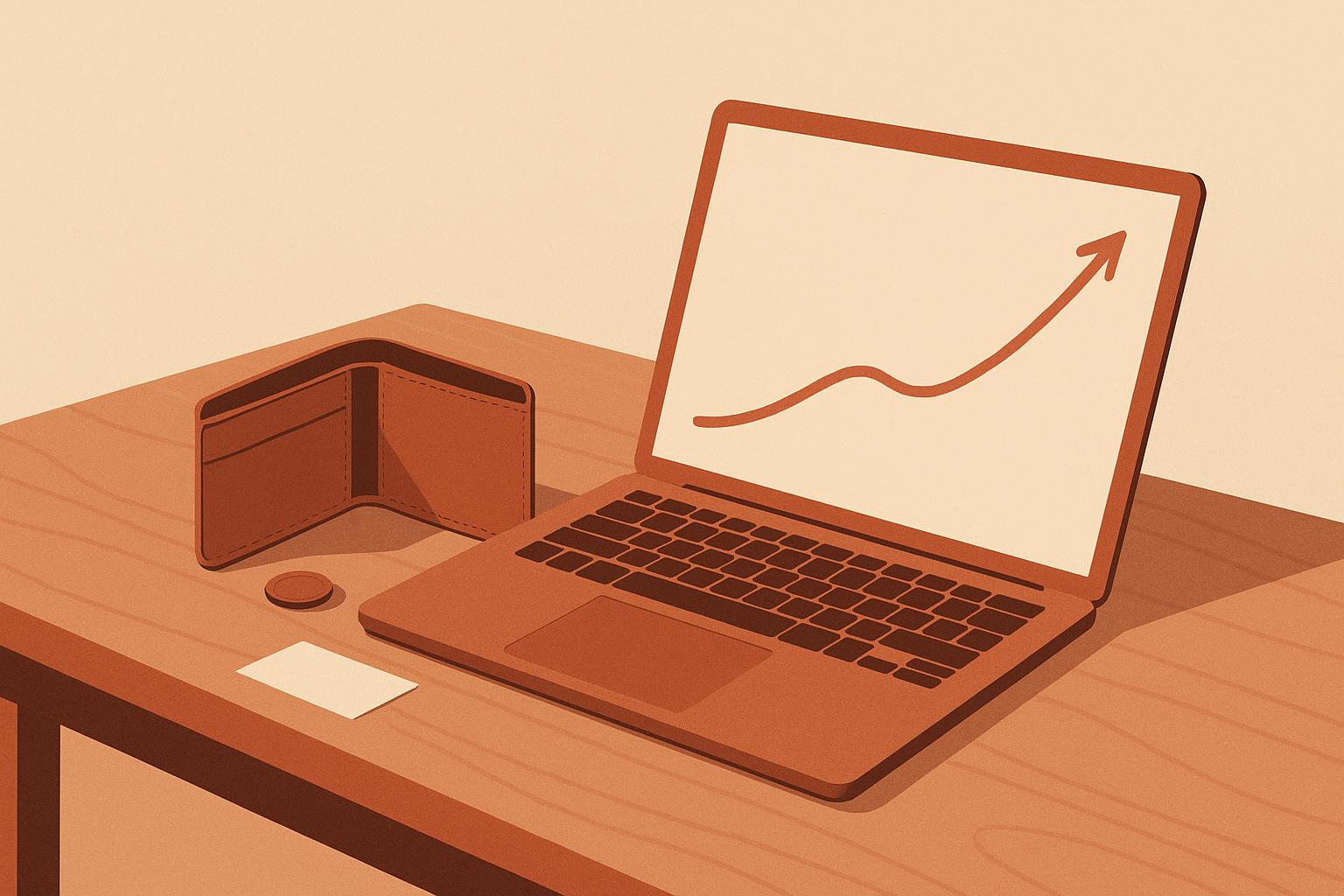 An editorial illustration of a desk in warm sand and terracotta tones: a laptop showing a rising revenue line beside an open, empty wallet with a single coin