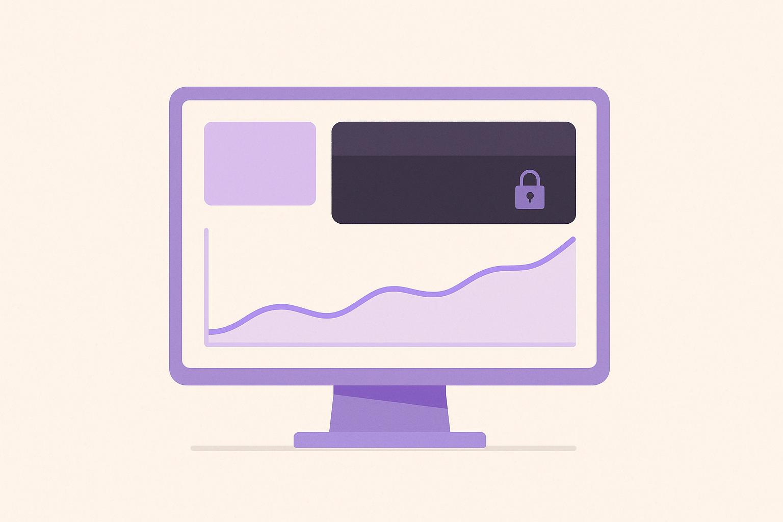 Editorial illustration of a privacy-first analytics dashboard in purple with a rising revenue chart and one key metric panel blacked out behind a padlock