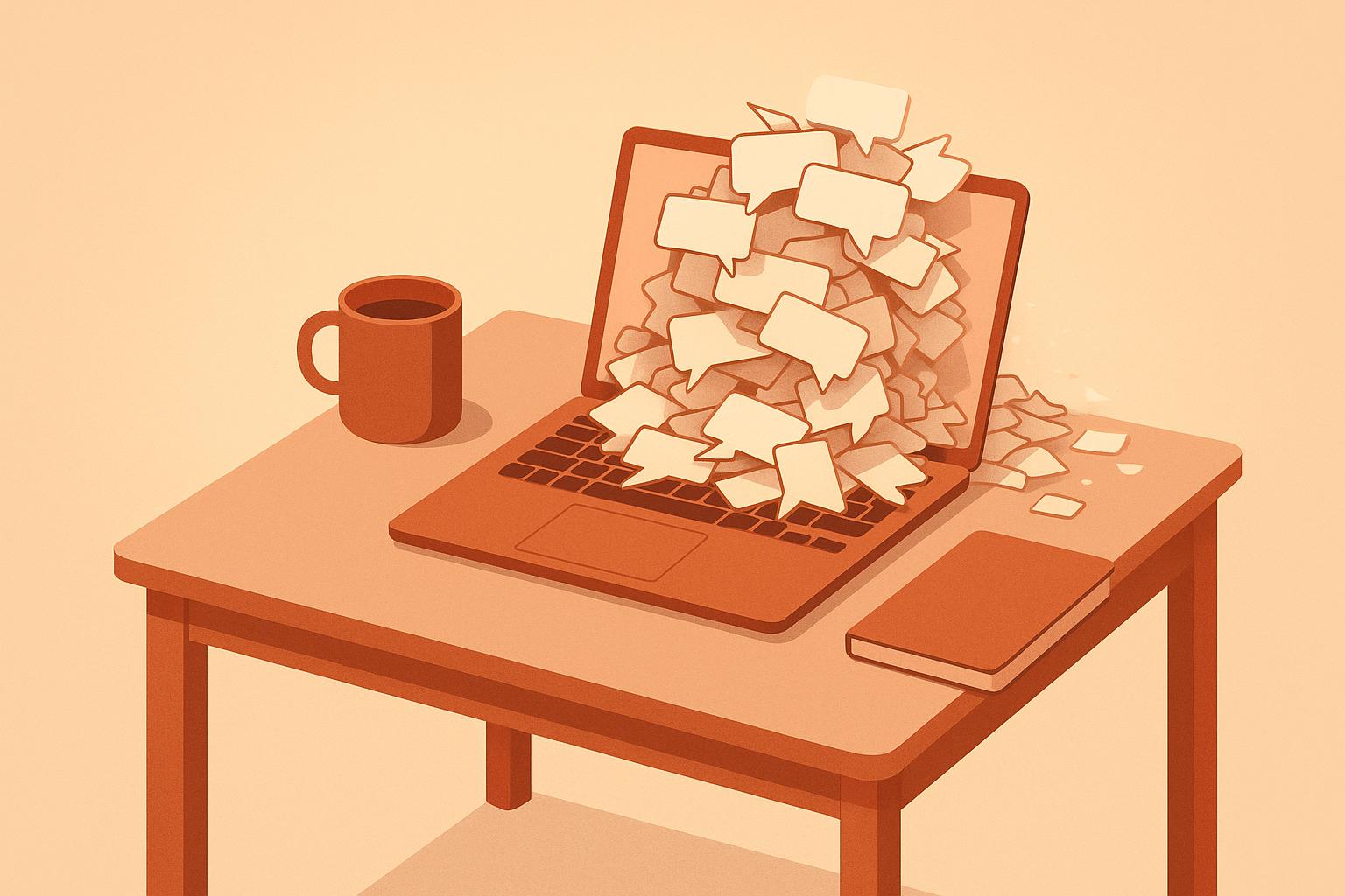 Flat editorial illustration of a laptop overflowing with message bubbles beside a cold coffee mug and a closed notebook, a founder buried in support tickets.