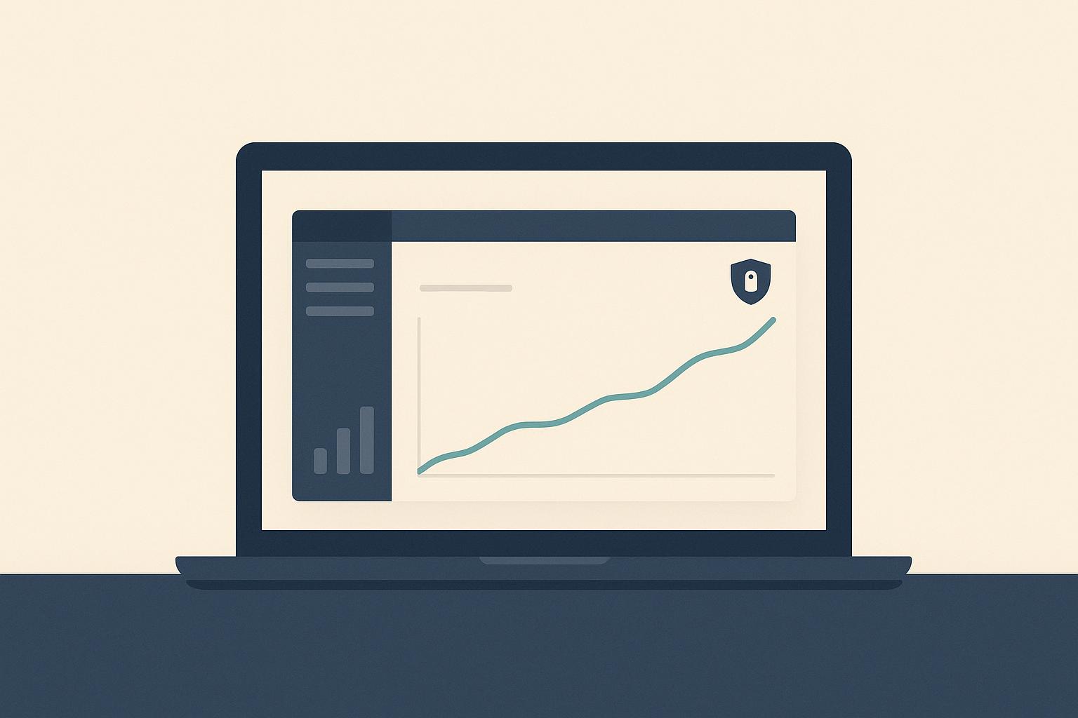 Minimalist illustration of a privacy-first web analytics dashboard with a slowly rising line chart and a small shield icon, on a laptop screen.
