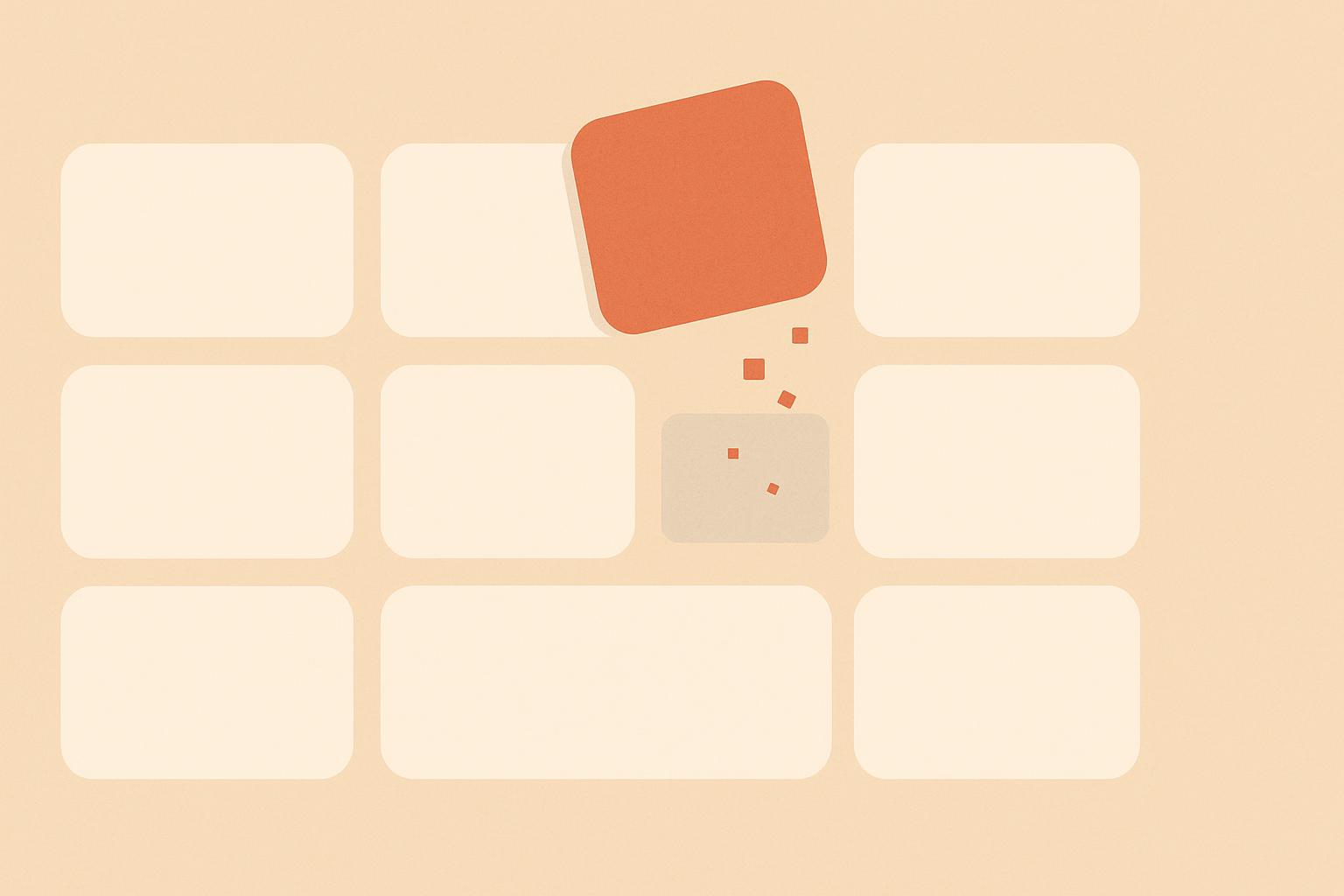 Flat editorial illustration of a software dashboard grid with one terracotta feature tile lifting out and dissolving, leaving a clean empty slot, the idea of removing a feature.