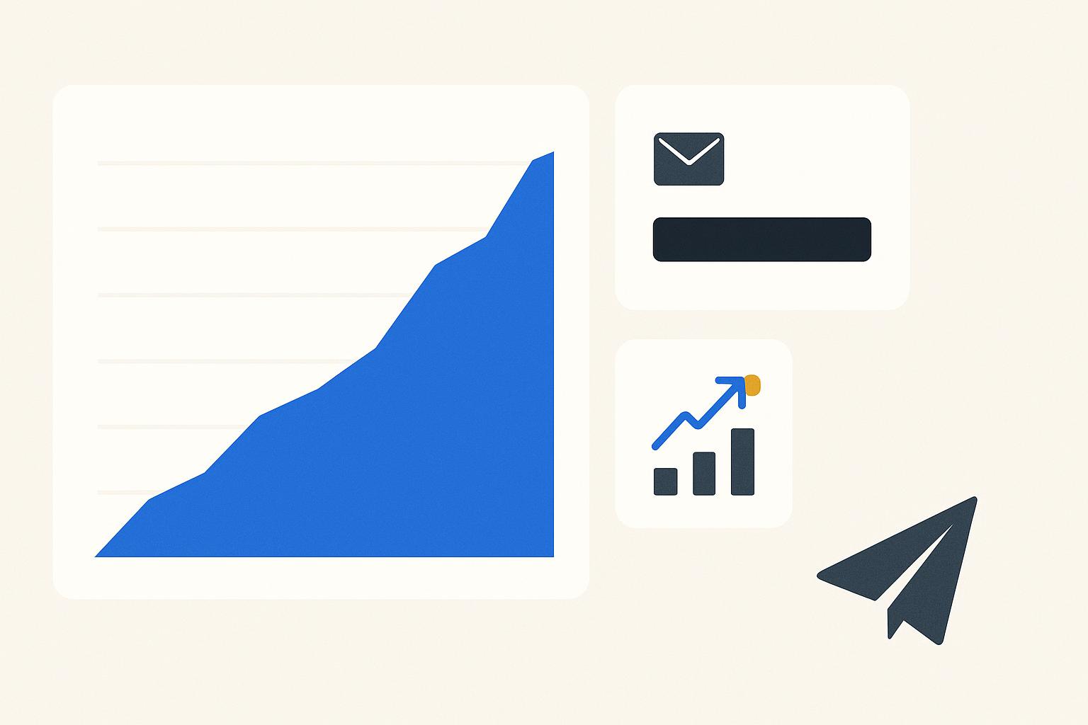 Editorial illustration of a rising royal-blue newsletter revenue chart with one key metric card deliberately blacked out behind an envelope glyph