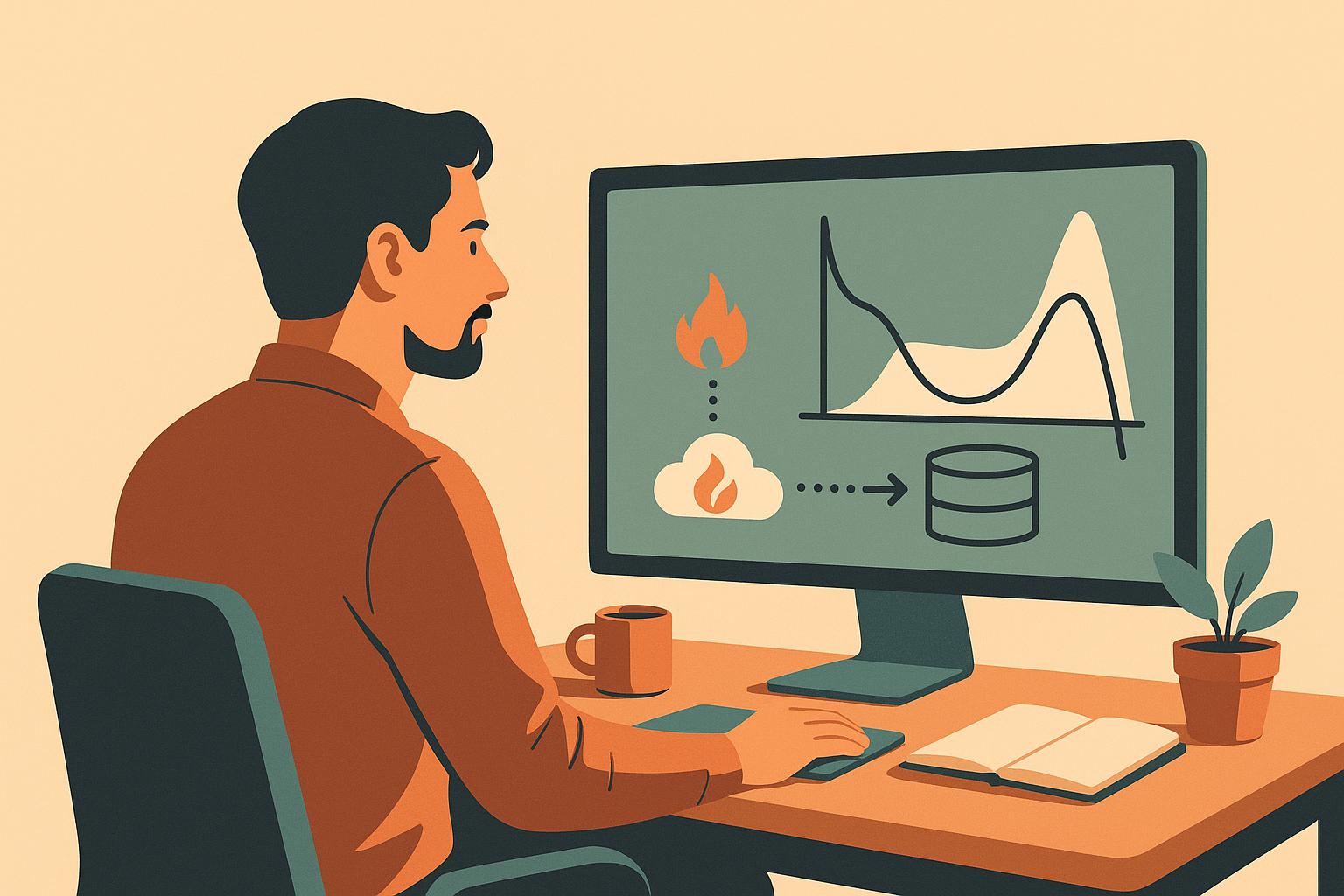 Flat editorial illustration of a solo founder at a desk watching a cost chart while data flows from a flame-shaped cloud into a database, on a warm sand background.