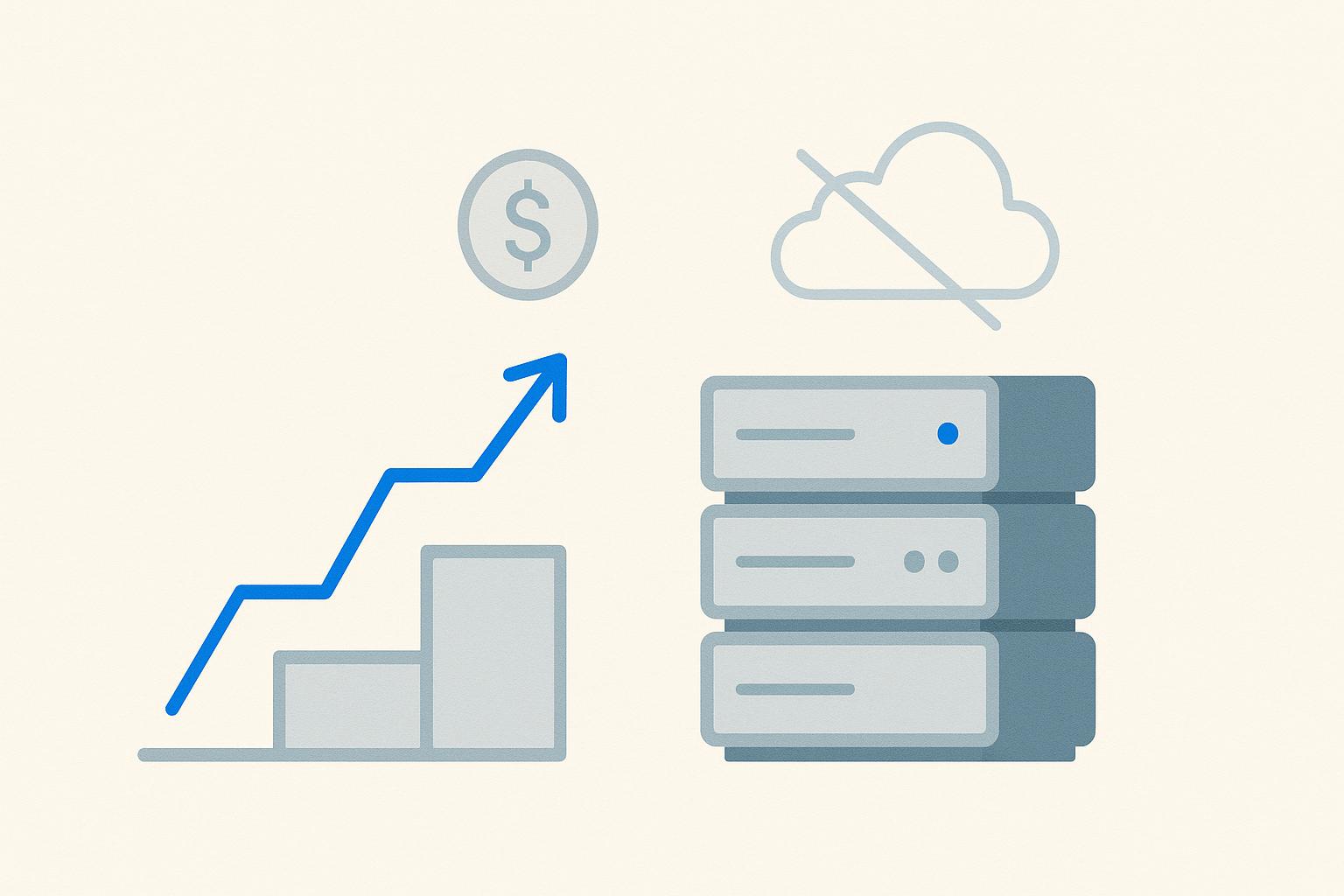 Editorial illustration of a rising royal-blue revenue chart beside a rack of on-premise bare-metal servers with a crossed-out cloud above, signalling a bootstrapped company that stayed off the cloud
