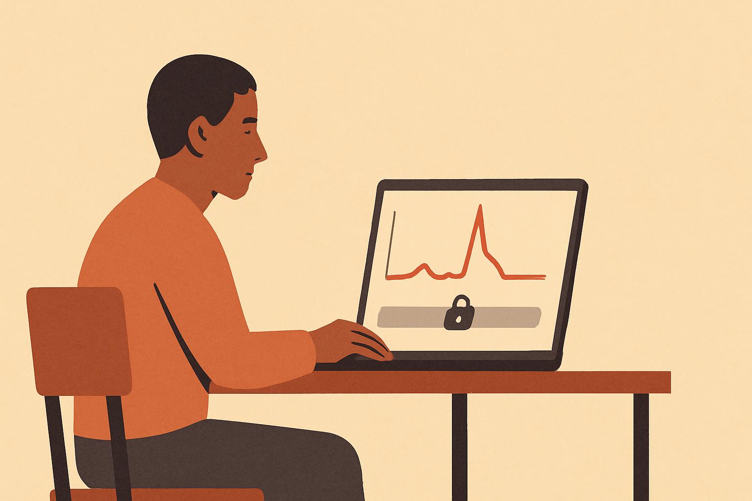 Flat editorial illustration of a solo founder at a desk watching a laptop that shows a sharp red spike on a line chart and a padlock over a paused payout bar, on a warm sand background.