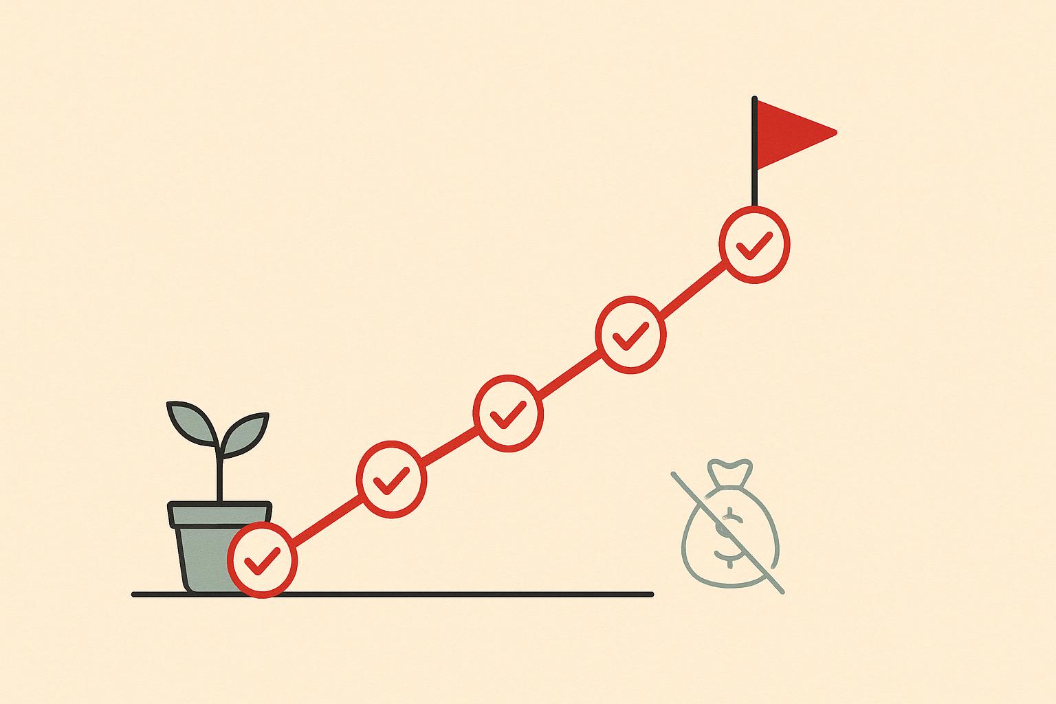 A rising crimson line chart with task-checkmark nodes climbing from a small seedling to a milestone flag, beside a crossed-out money bag, illustrating Todoist's bootstrapped revenue growth with no venture capital.