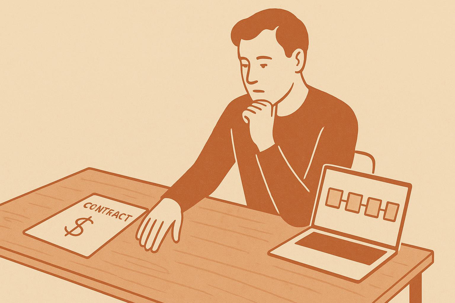 Flat editorial illustration of a solo founder at a desk deciding between a paper contract marked with a dollar sign and a laptop showing a product roadmap, on a warm sand background.