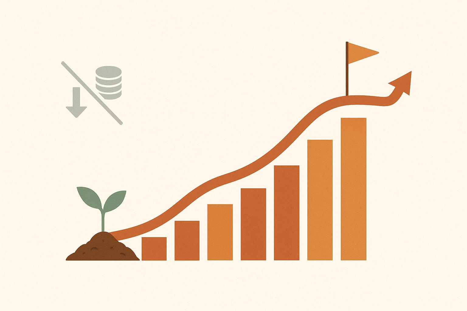 A flat editorial illustration of a rising terracotta and amber bar chart and growth curve sprouting from a small mound of soil with a green seedling, beside a crossed-out grey arrow injecting a stack of coins, symbolizing Zoho's bootstrapped revenue growth with no venture capital.