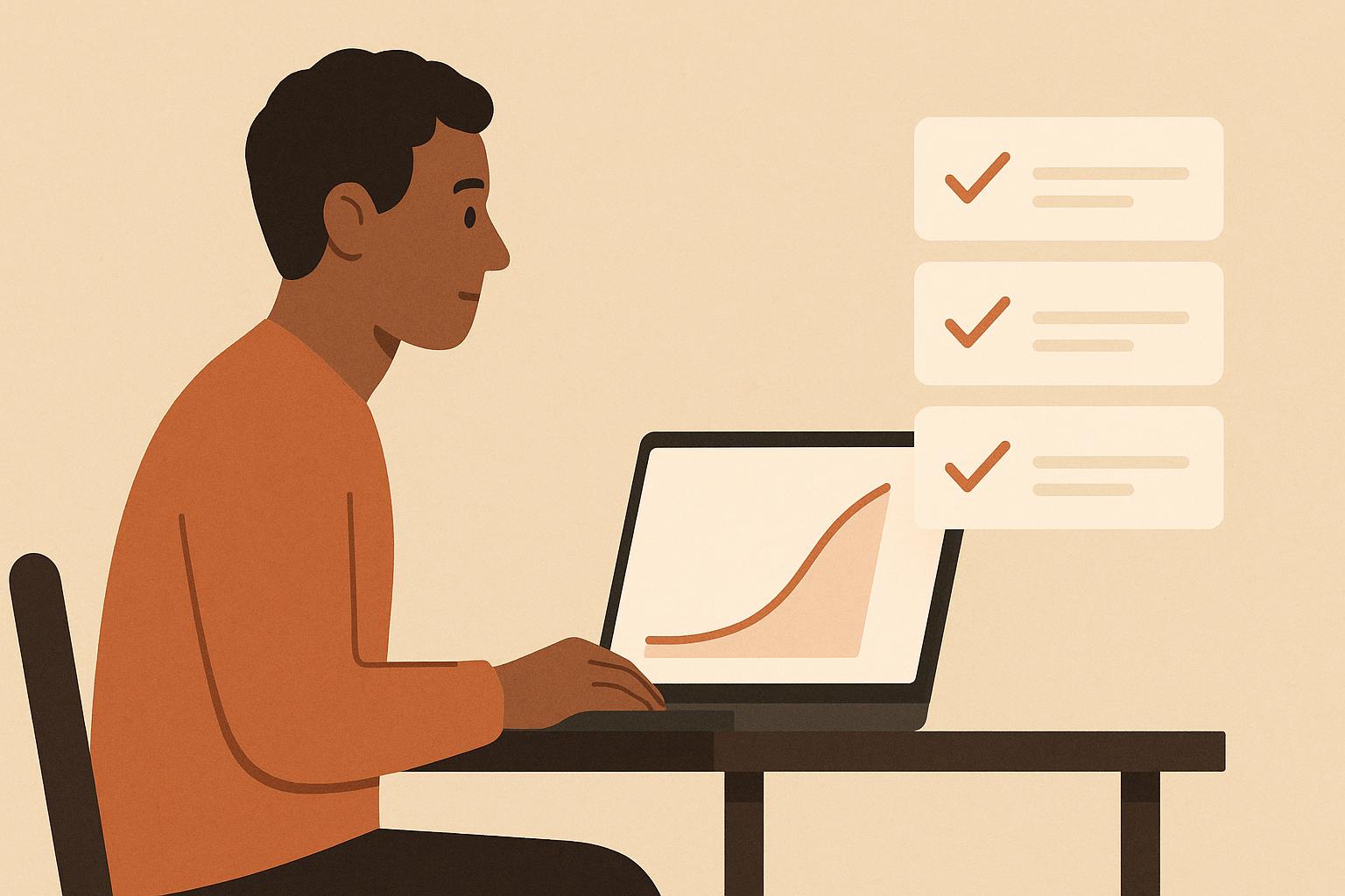 Flat editorial illustration of a solo founder at a desk watching a rising activation curve on a laptop beside a simple three-step onboarding checklist, on a warm sand background.
