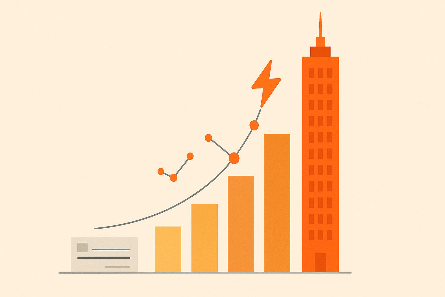 A flat editorial illustration in Zapier orange of a small paper check growing through rising bar-chart columns into a tall skyline tower, with a lightning bolt and automation nodes tracing the curve, symbolizing Zapier reaching an estimated $310M on a single small seed round.