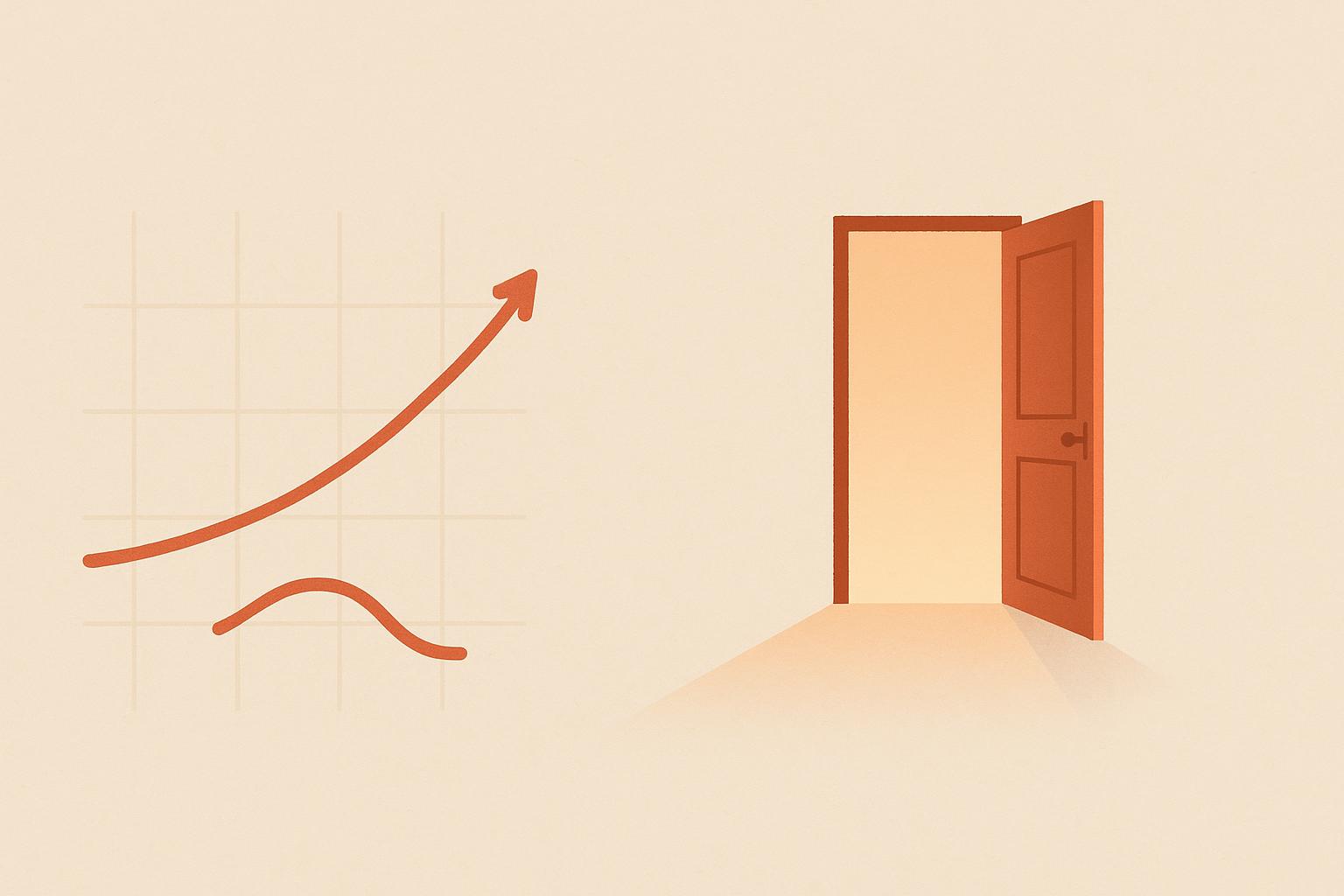 Flat editorial illustration on a soft sand background: an open door letting in warm light beside a rising line and a small dipping curve, symbolizing an easy customer exit while revenue grows and payment disputes fall.