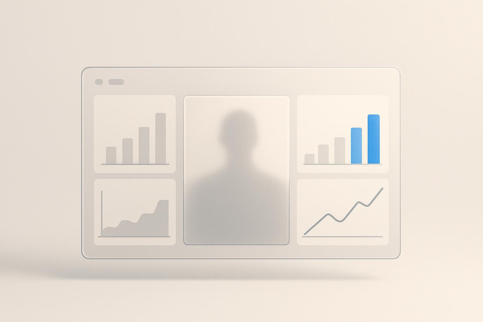 Editorial illustration of a transparent analytics dashboard with one central panel frosted over to hide a single revenue figure