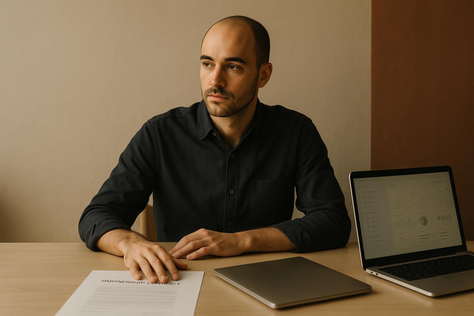 Editorial illustration of a solo founder at a minimalist desk, one hand on a partnership contract, looking at a laptop showing their own product beside a faint unbranded white-label copy, on a warm sand background.