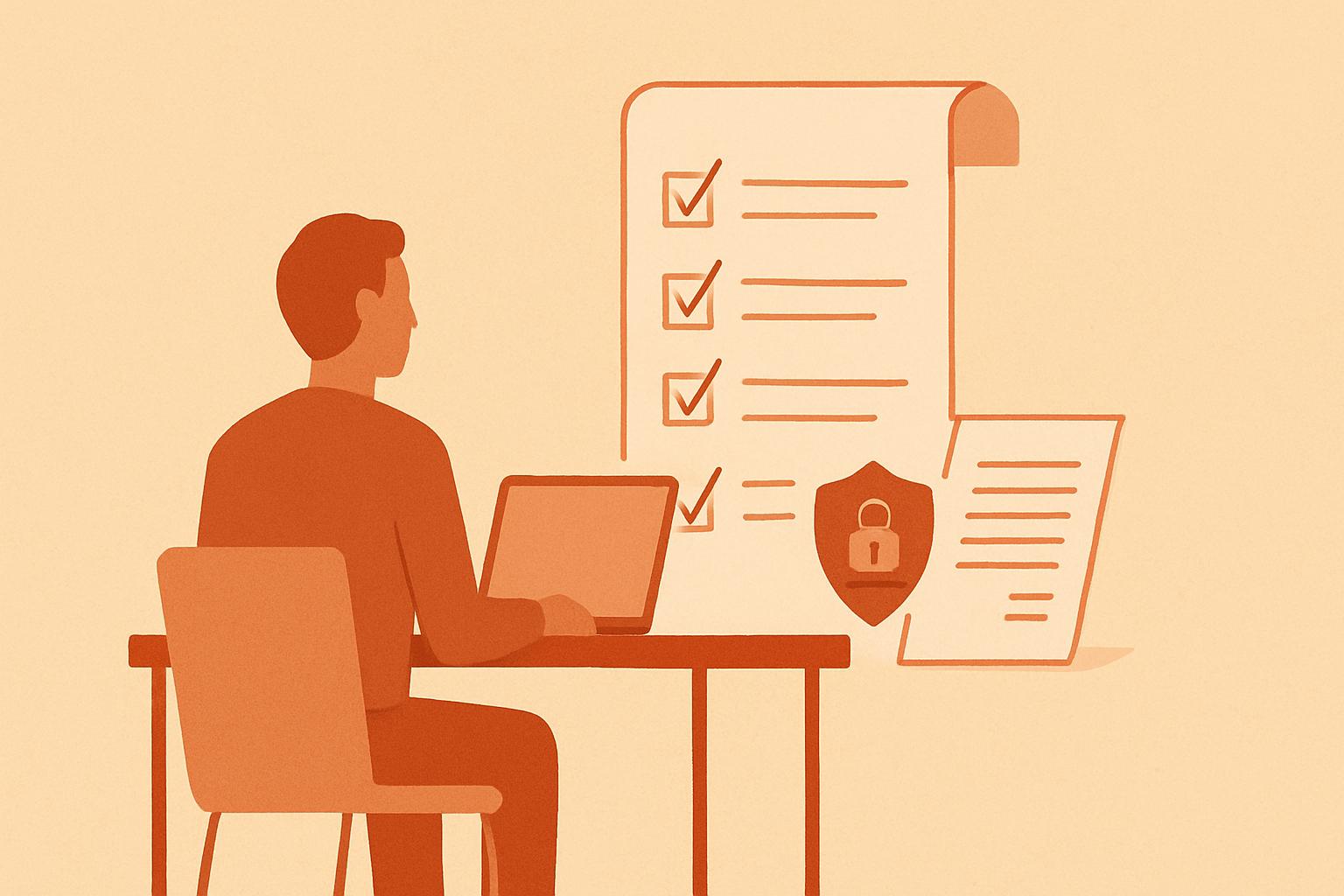 A solo founder at a desk facing a tall security-review checklist beside a padlock shield and a contract, in warm sand and terracotta editorial illustration.